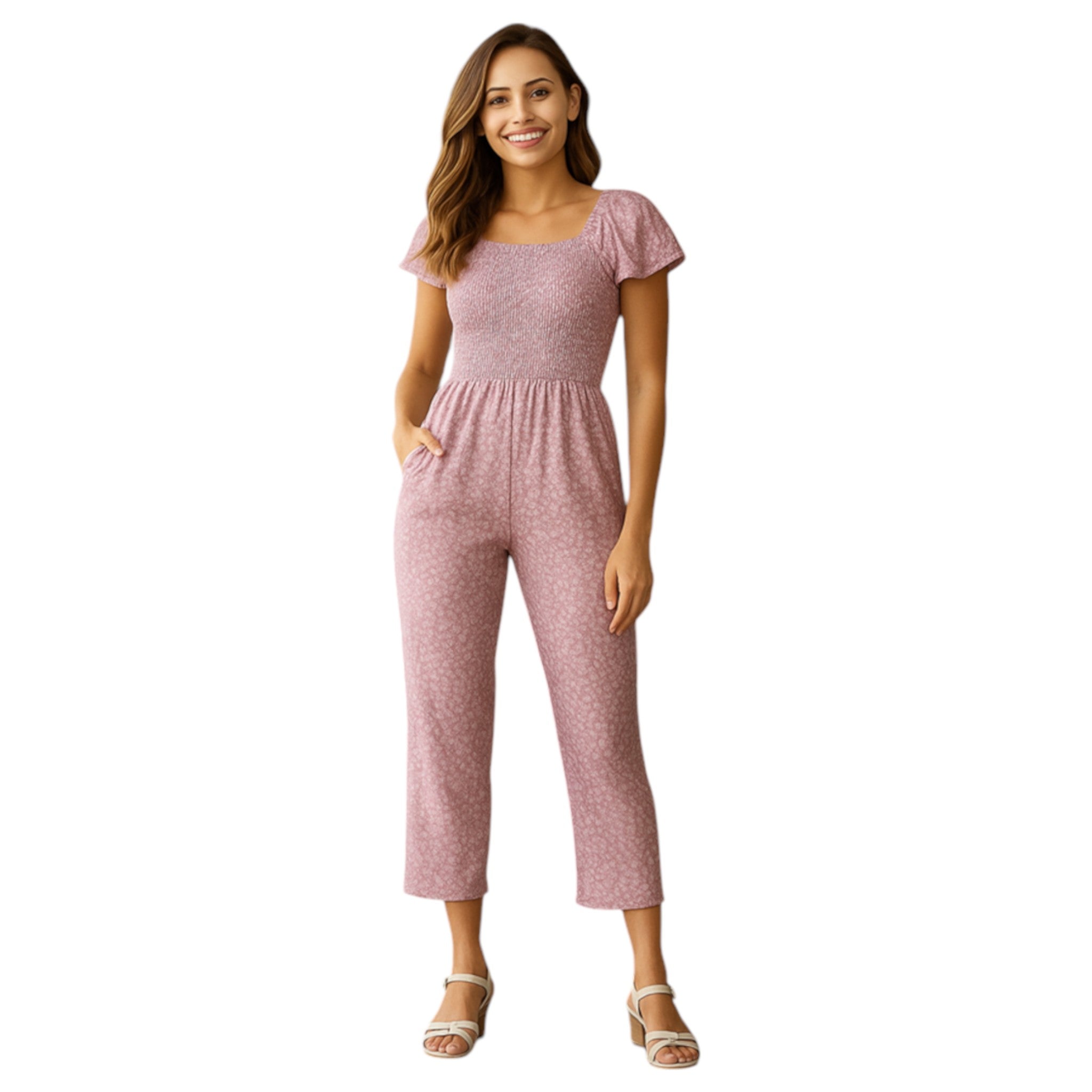 Pink floral women's jumpsuit with short sleeves and cropped legs โ lightweight summer outfit
